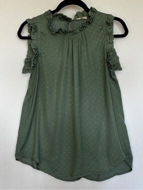 LA MIEL M Sage Green Dot Ruffled Sleeveless Elegant Sophisticated Chic Blouse